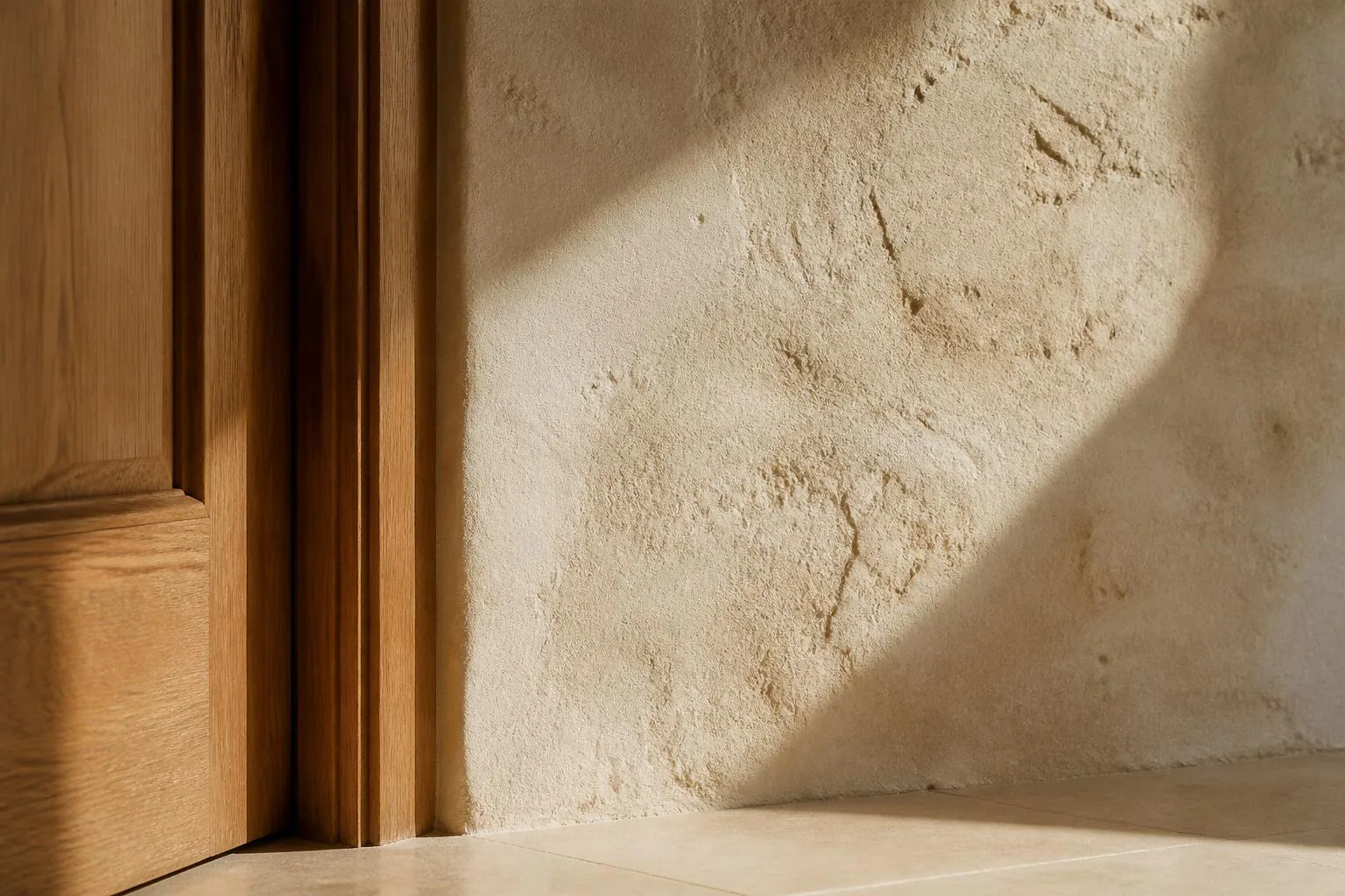 Luz rasante sobre un muro de estuco texturizado junto al marco de madera de roble de una puerta