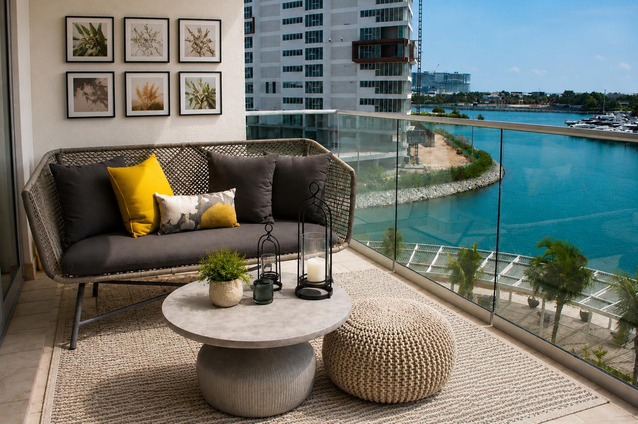 Terraza con sofá de fibra tejida, mesa de concreto y vista a la laguna