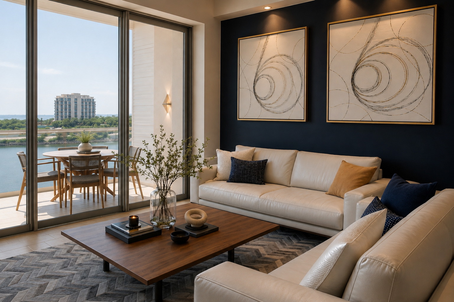 Sala con sofá de piel clara, muro oscuro con obra de arte y ventanal hacia la terraza