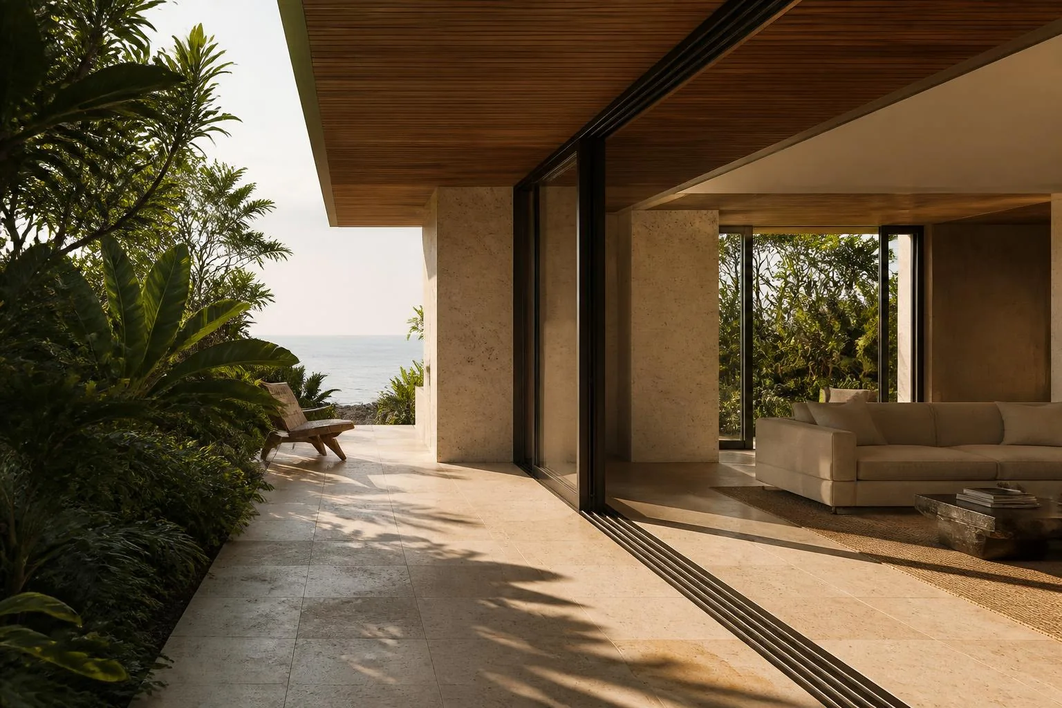 Terraza sombreada con piso de piedra, plafón de madera y cancelería metálica abierta hacia la vegetación y el mar