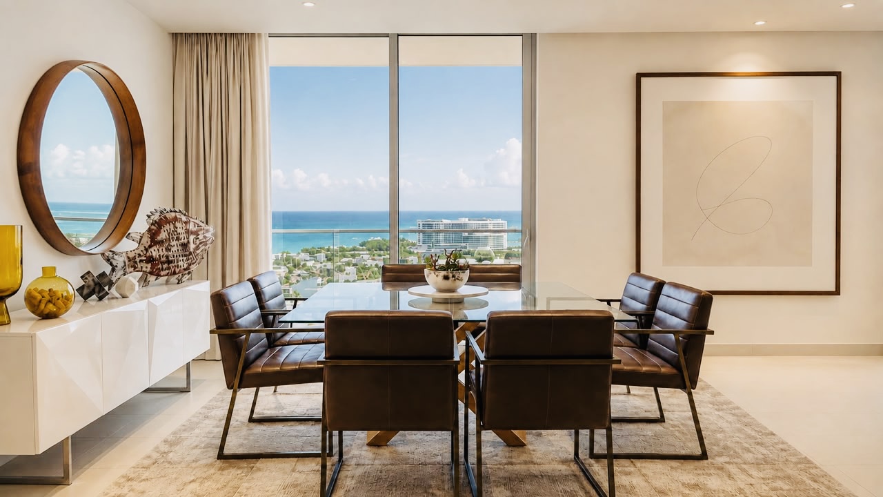 Comedor con mesa de cristal, sillones de piel y ventanal con vista al mar Caribe