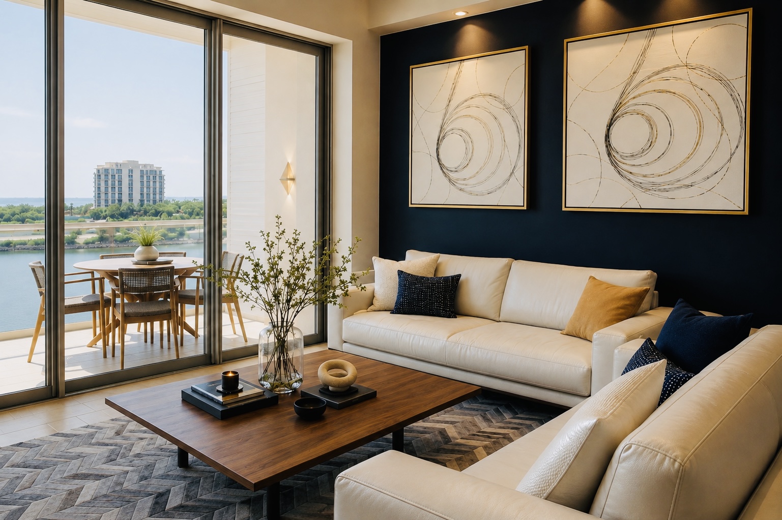Sala contemporánea con sofás blancos, muro azul con obras de arte y terraza con vista al agua