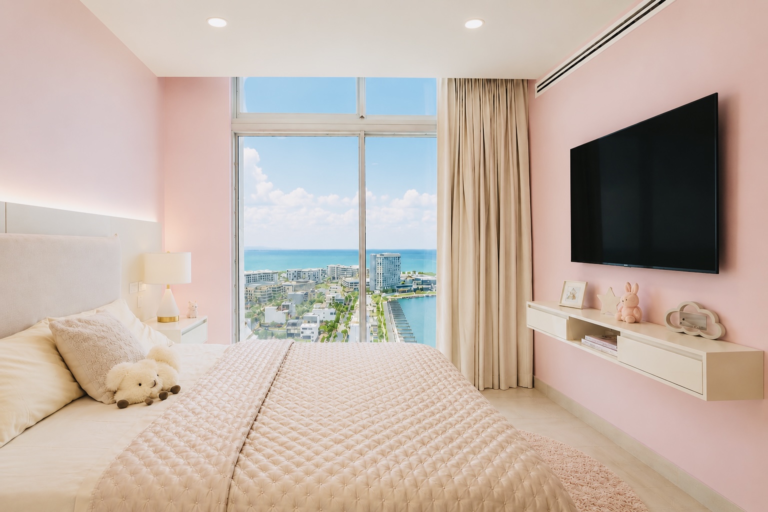 Recámara en tonos rosa con cama tapizada y ventanal con vista al mar