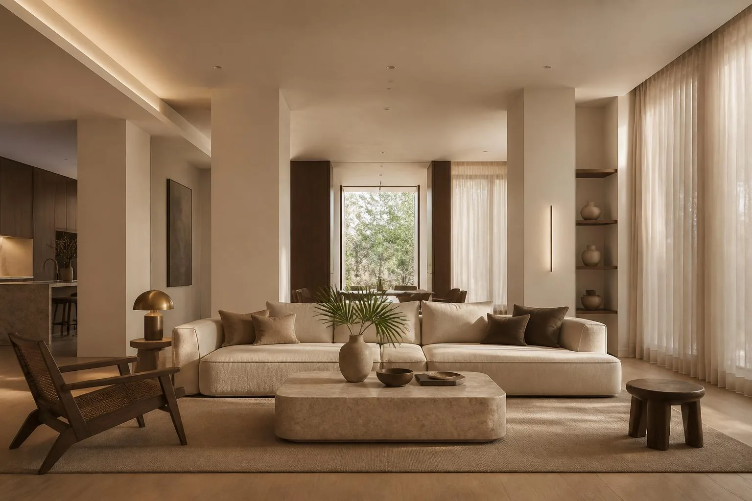 Vista amplia de una estancia contemporánea con sofá de lino, mesa de piedra y cortinas que filtran la luz natural